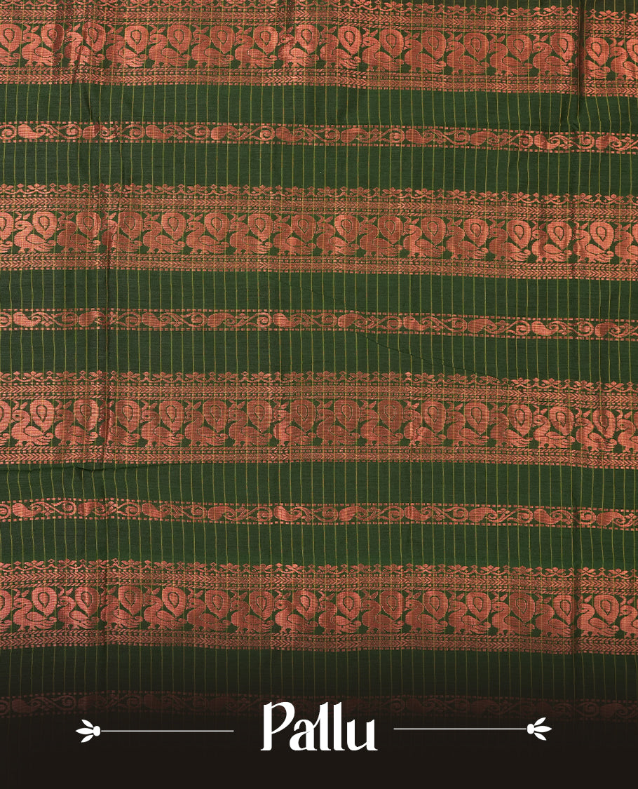 Magenta purple coloured mixed Kalyani cotton saree featuring copper zari checks on the body, complemented by a dark green coloured border and pallu adorned with copper zari patterns, Paired with a matching blouse.