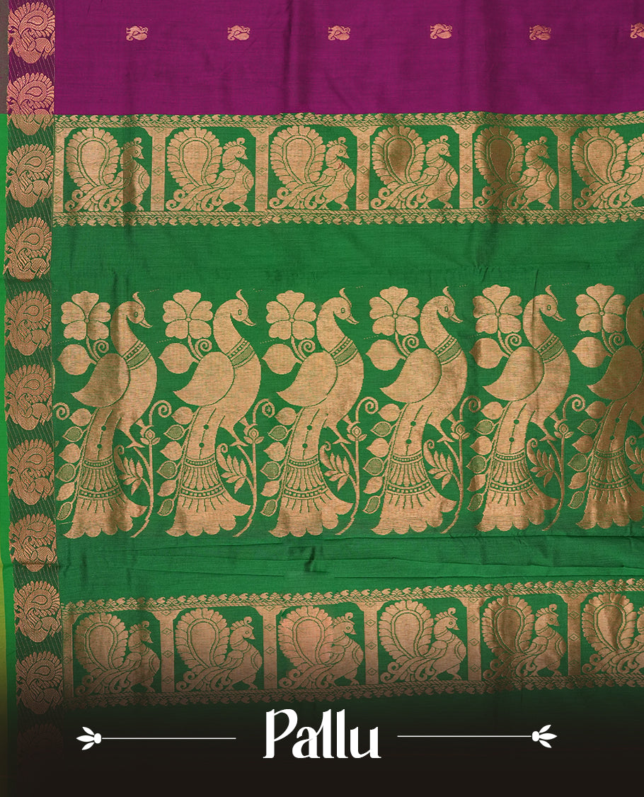 Purple colour Kalyani Cotton saree in deep green with golden peacock motifs, paired with a contrasting green border featuring intricate zari work & Comes with a matching blouse piece.