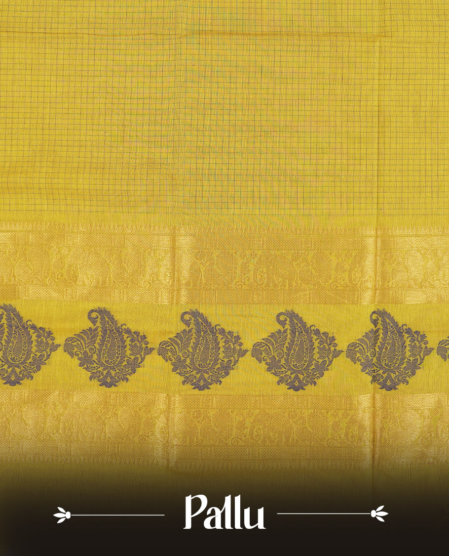 Royal yellow colour Chettinad cotton saree featuring elegant checked patterns across the body & The rich contrast zari border with traditional motifs & Comes with a matching blouse piece.