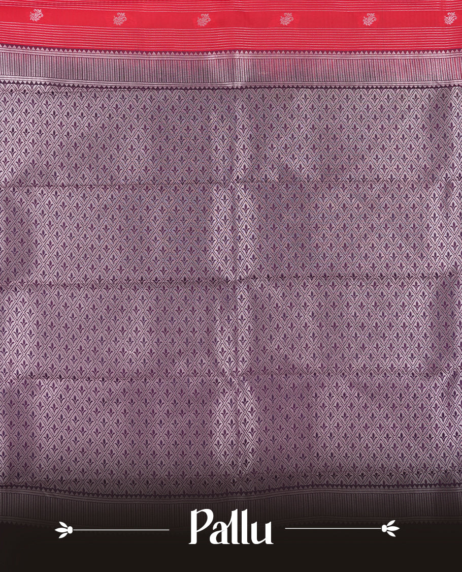 Red colour Semi Silk Saree with rose gold zari patterns on the body, paired with a contrasting Dark violet colour traditional pallu and border, and a matching blouse piece.