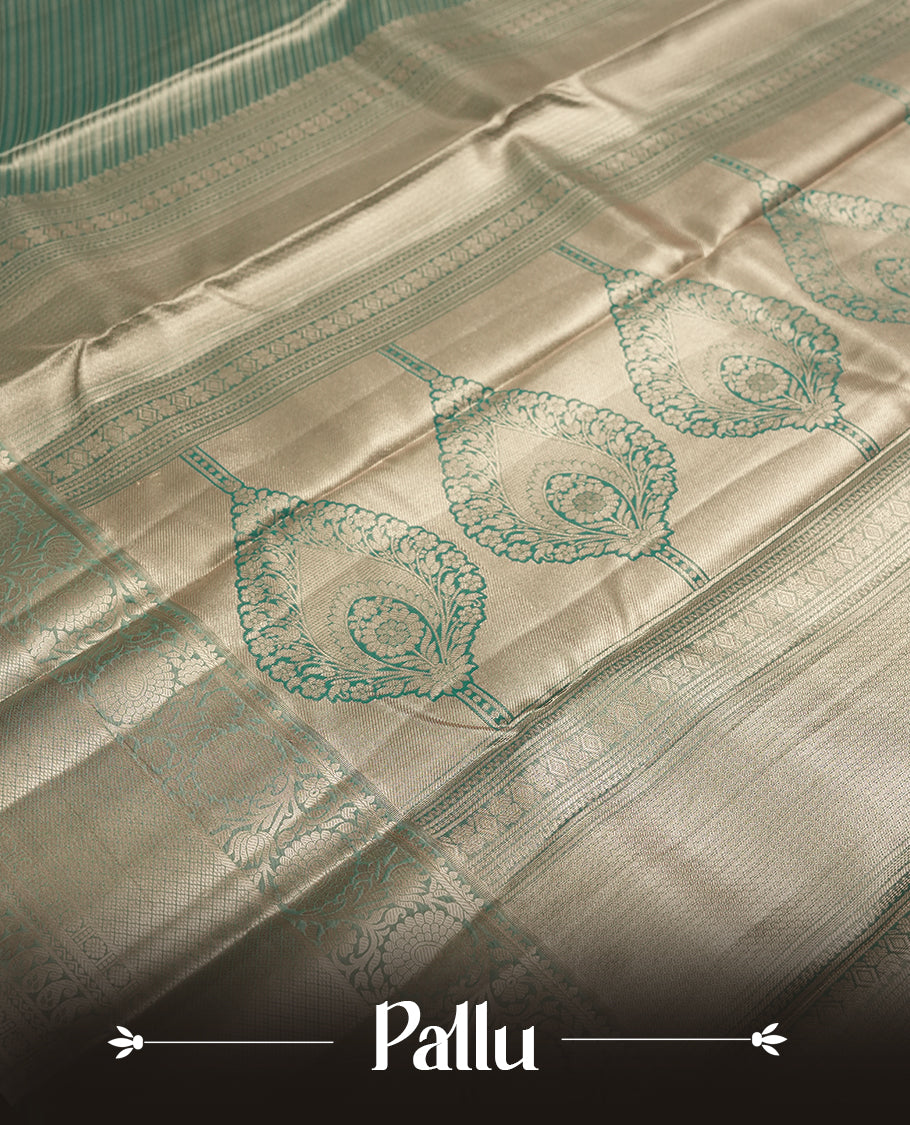 Green colour and Antique gold Zari Tissue Brocade Saree features intricate line Motifs on body and traditional border & pallu , paired with matching blouse