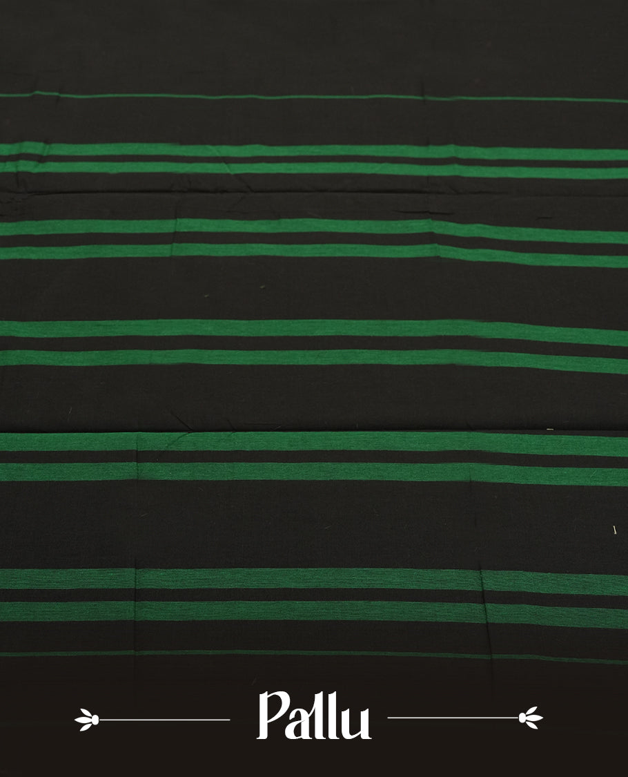 Black colour Narayanapattu cotton saree with a plain black body, green pallu adorned with traditional dancer motifs in thread work, and a maroon striped border & A cultural classic, this saree comes without a blouse piece.