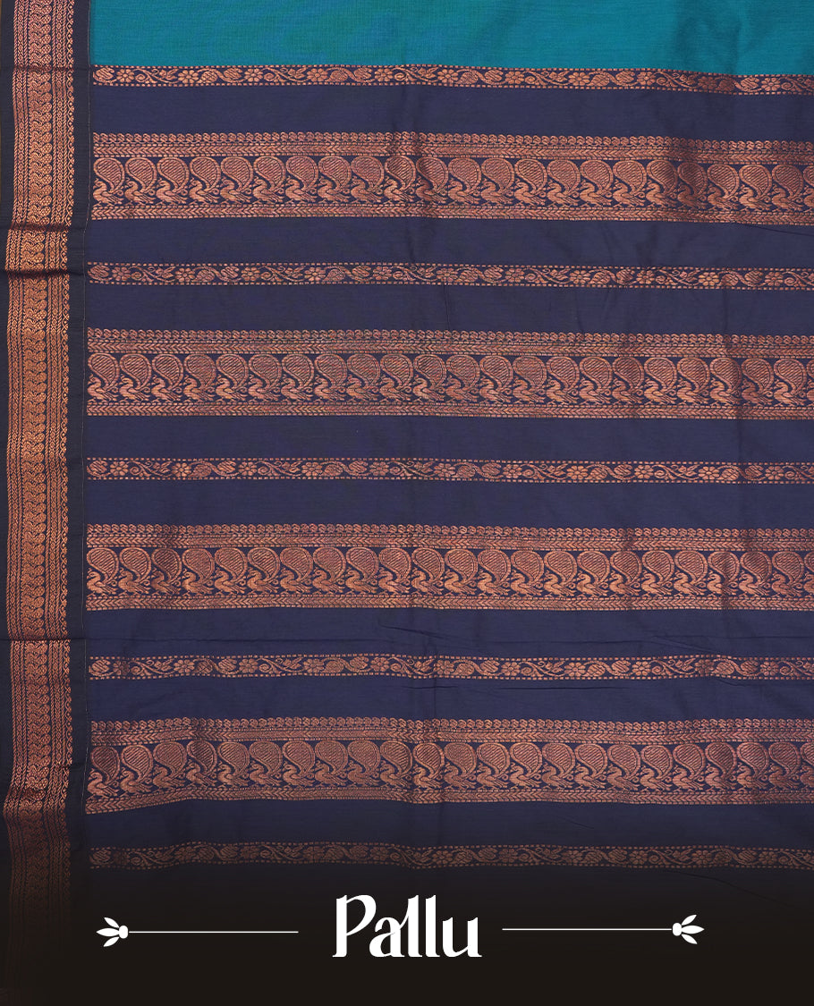 Blue colour Kalyani Cotton saree with rich navy blue border and pallu, featuring copper zari motifs and intricate weaving & Includes a matching blouse piece.