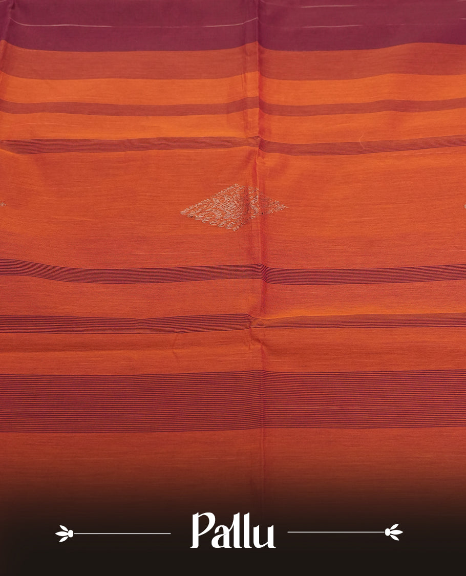 Deep Maroon Cotton Saree with Silver Zari Diamond Butta Body, Featuring Multi-Striped Zari Border Pallu in Maroon and Coral/Orange Tones with Silver Accent Stripes, Paired with Matching Coral/Orange Plain Blouse Piece