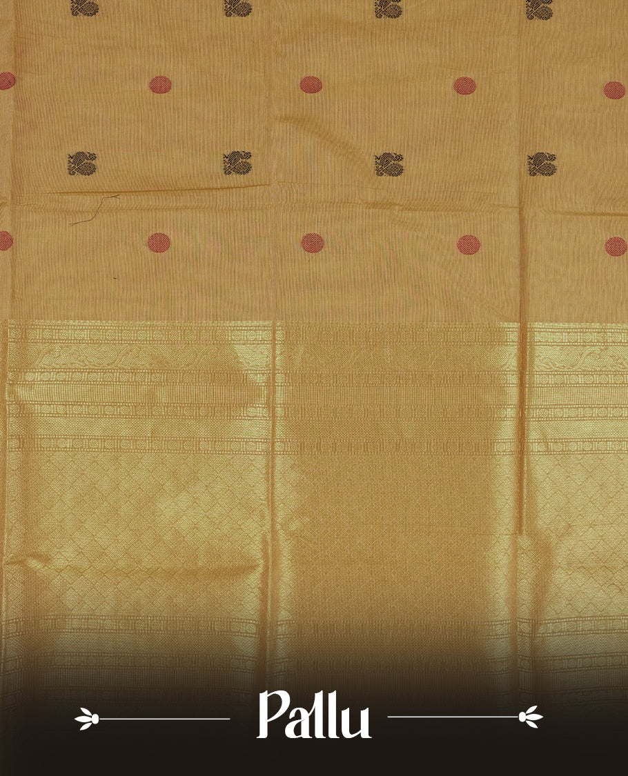 Pastel brown colour Chettinad cotton saree featuring intricate dark contrast golden zari weaving on the border , The rich traditional motifs add a regal charm & Comes with a matching blouse piece.