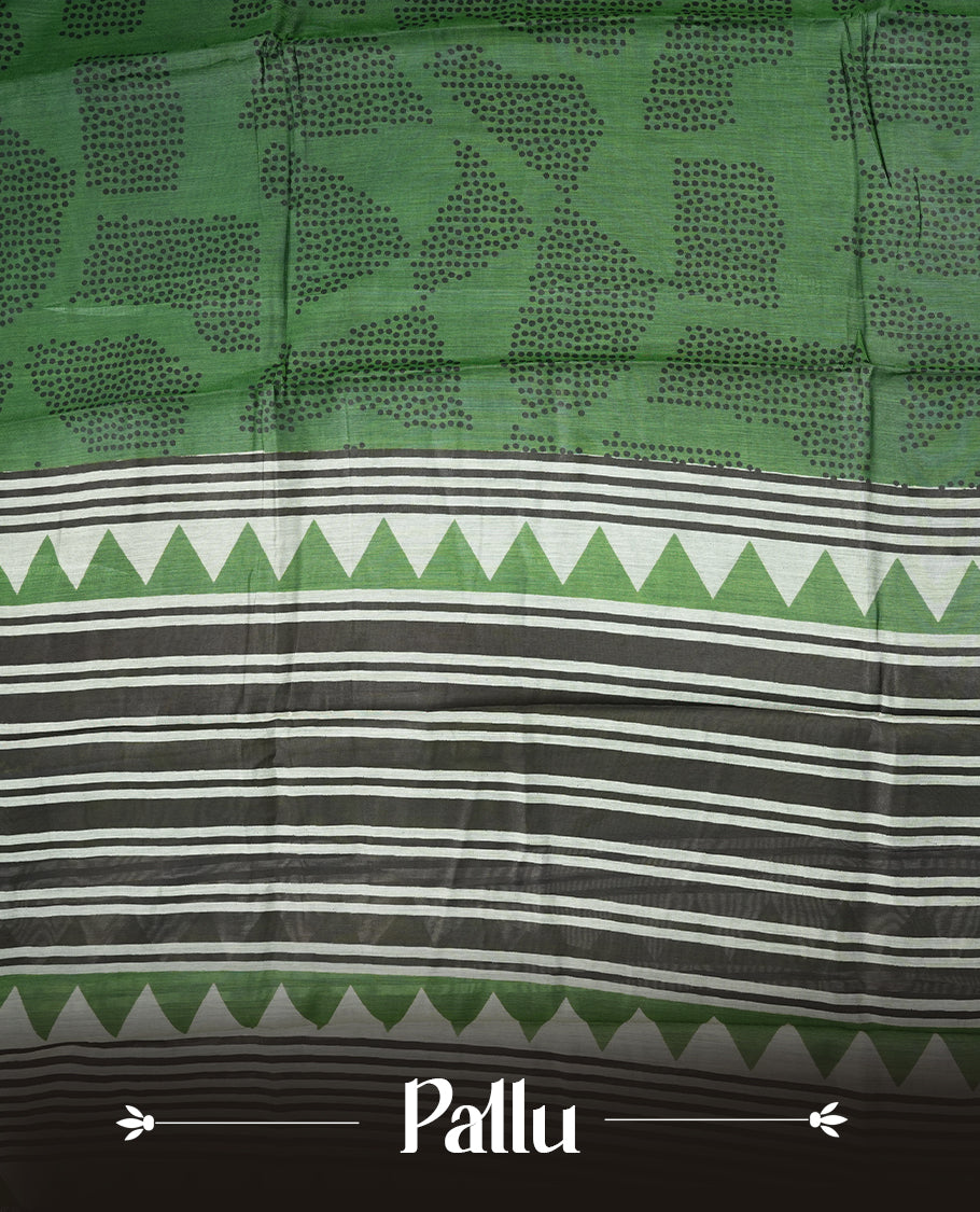 Green colour mixed chanderi cotton saree with black dotted square motifs, black and golden zari border with triangle geometric pattern, striped pallu, and matching green blouse