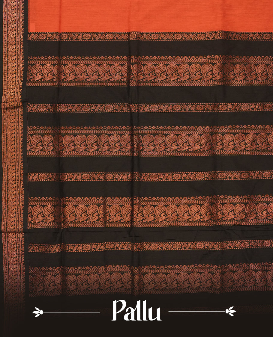 Orange colour Kalyani Cotton saree with rich black colour border with peacock motifs on pallu, featuring copper zari and intricate weaving & Includes a matching blouse piece.