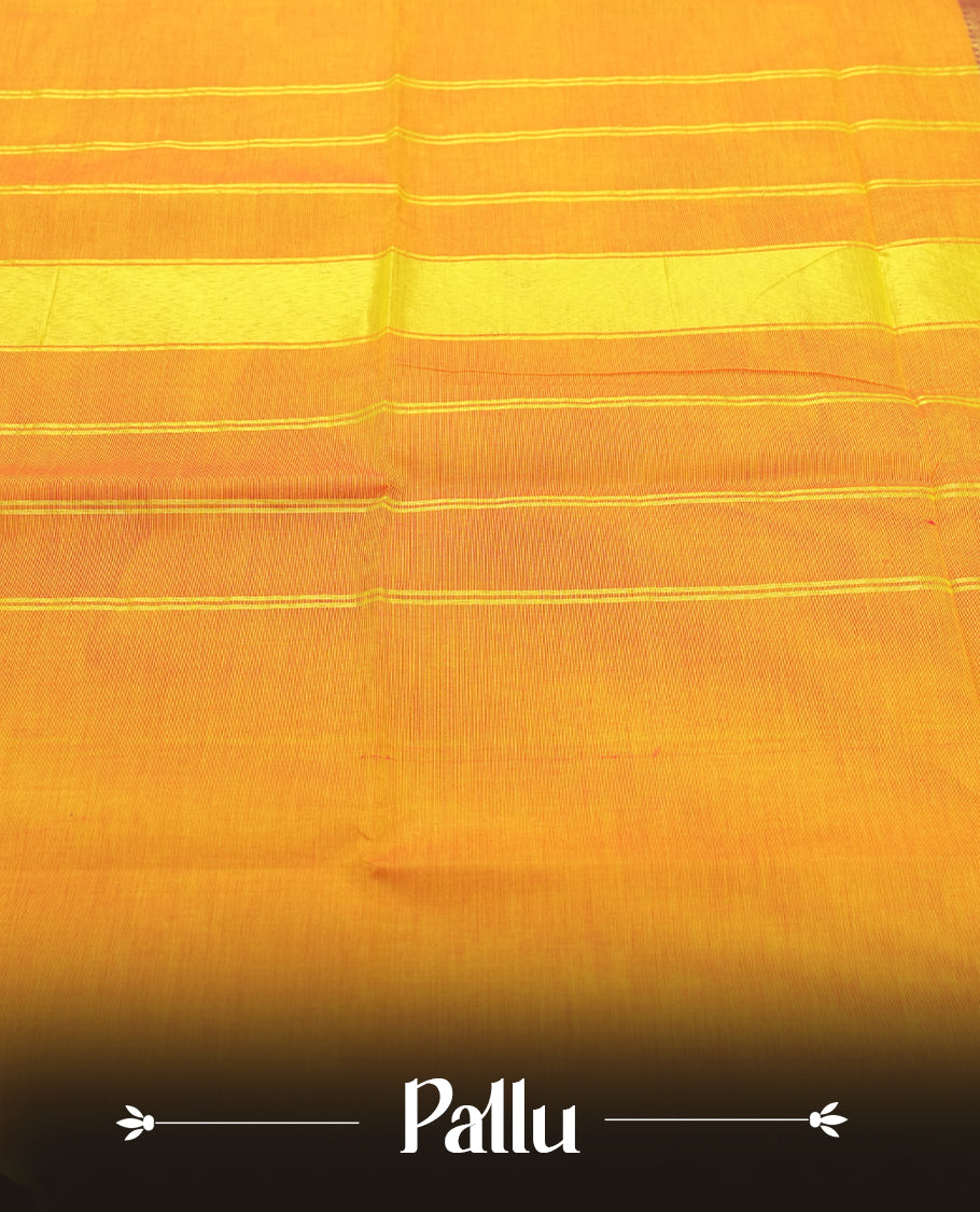 Marigold colour Silk Cotton Saree with Rich Maroon Zari Borders Showcasing Traditional Peacock and Floral Panels, Multiple Horizontal Zari Lines on the Pallu, and a Coordinated Matching Blouse Piece