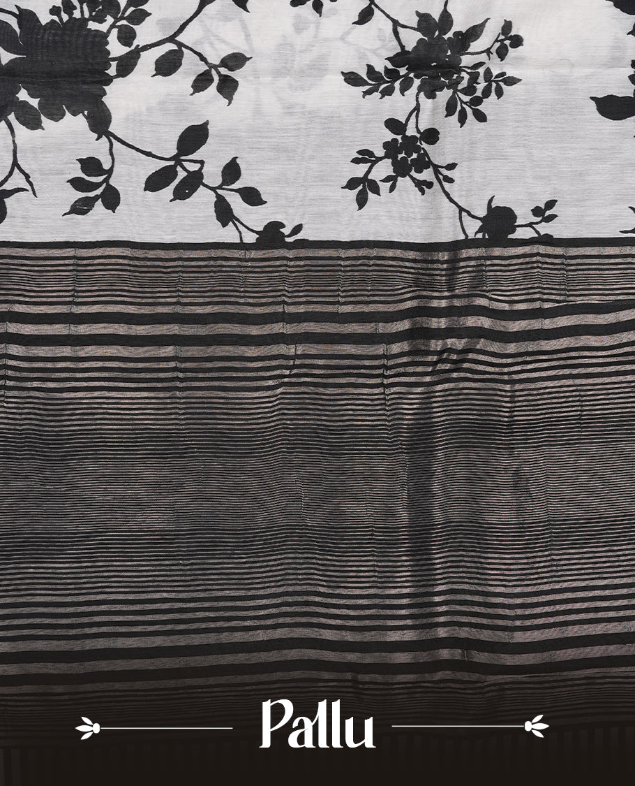 Off White colour Viscos semi printed saree featuring a light golden zari border, abstract black printed motifs on the body, and comes with a matching blouse