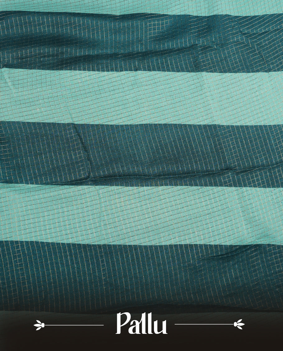 Teal colour saree featuring fine check patterns on the body, paired with contrast Light Aqua colour zari woven border and pallu. Comes with a matching blouse piece