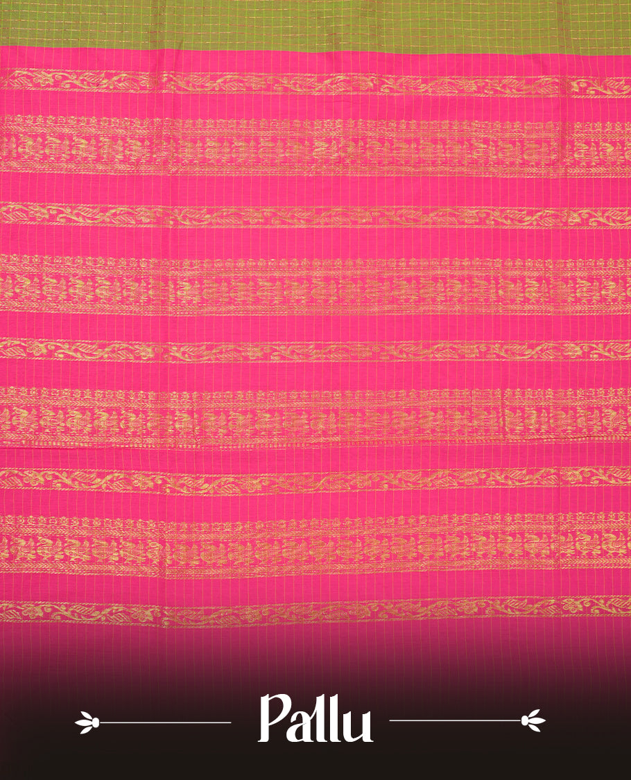 Pistachio coloured mixed Kalyani cotton saree featuring golden zari checks on the body, complemented by a pink coloured border and pallu adorned with golden zari patterns, Paired with a matching blouse.