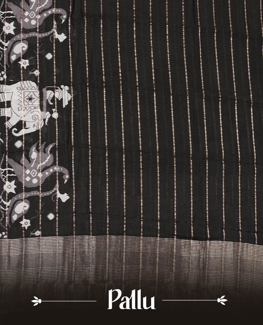 Black colour chanderi silk saree with gold zari strip pattern On body, compilmented by self colour border with antique zari pattern & white animal print pattern and a matching blouse.