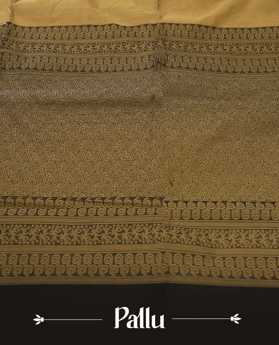 Beige colour soft silk cotton saree adorned with motifs and Enhanced by a beautifully rich black colour woven contrasted pallu & Comes with a matching blouse piece for a complete look.