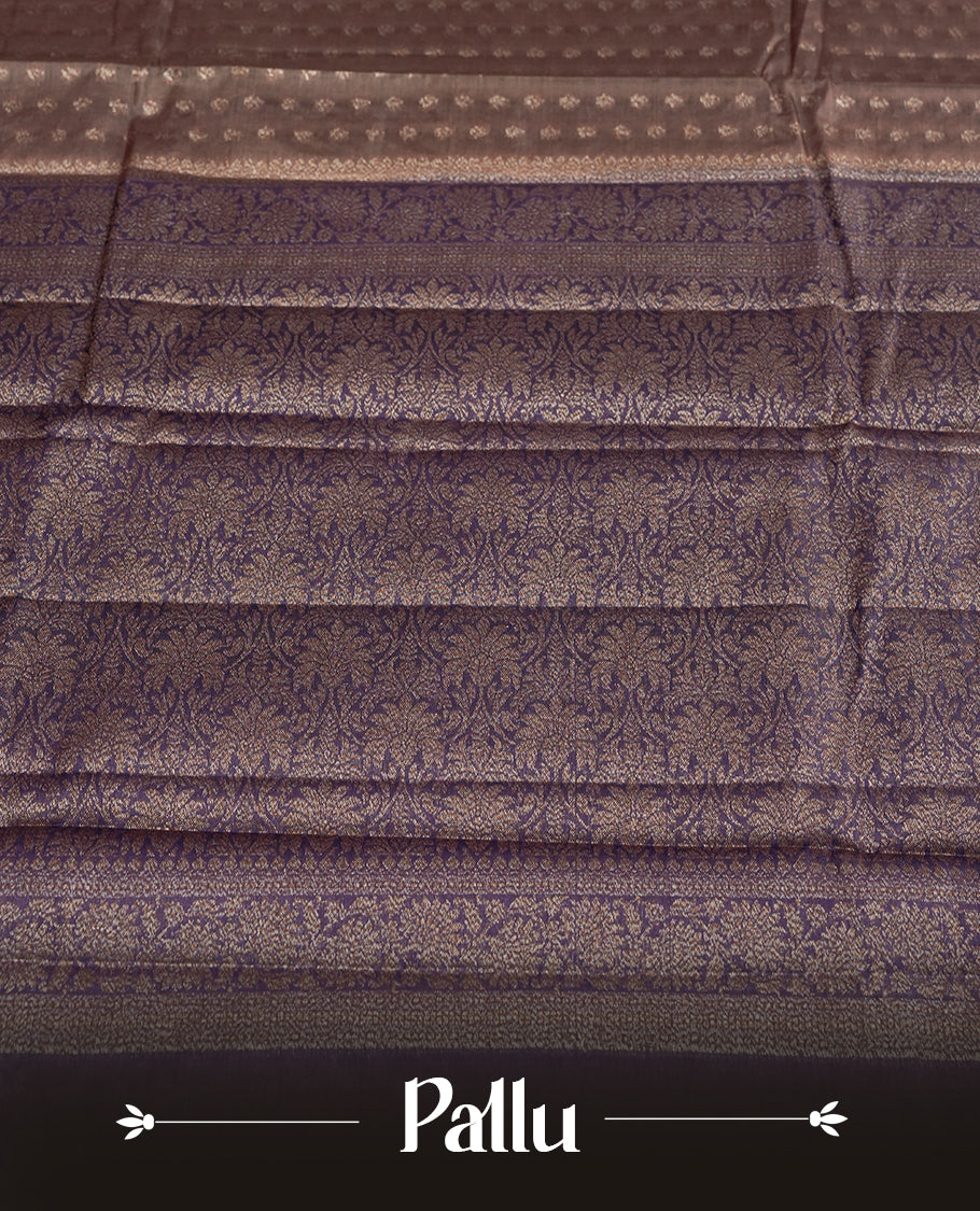 Brown pure banarasi tussar saree featuring fine silver zari motifs across the body, accentuated with an elegant contrast purple Banarasi border & Paired with a matching blouse piece.