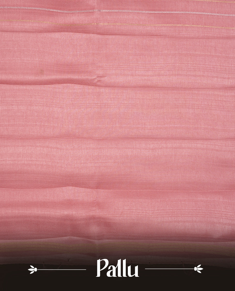 Pastel peach colour semi tussar silk saree highlights gold and silver zari stripes across body, border, pallu and paired with matching blouse piece.