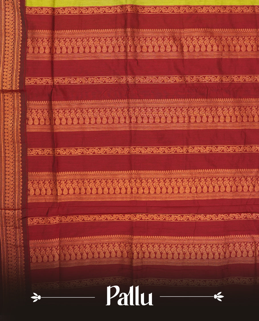 Lemon green colour Kalyani Cotton saree with rich maroon border and pallu, featuring copper zari motifs, small floral motifs on the body, and intricate weaving & includes a matching blouse piece.