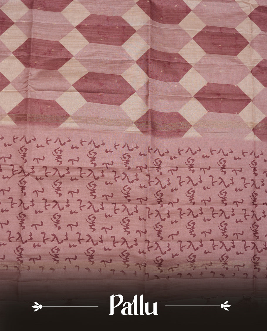 Mauve colour semi tusser silk saree featuring geometric print pattern across body, gold zari border with style motifs and paired with matching blouse.