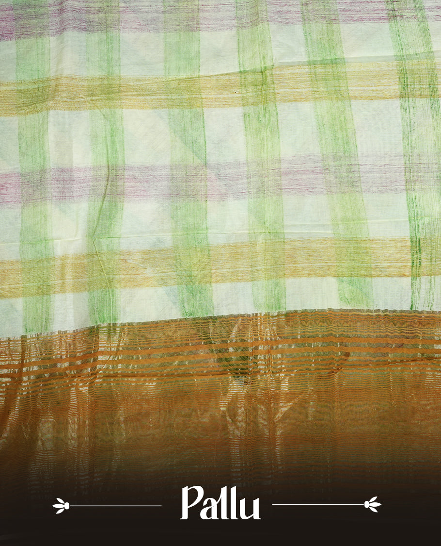 Multicolor mixed chanderi cotton saree with pastel checkered body in pink, green, yellow and off-white, golden zari border, matching golden pallu, and matching blouse.