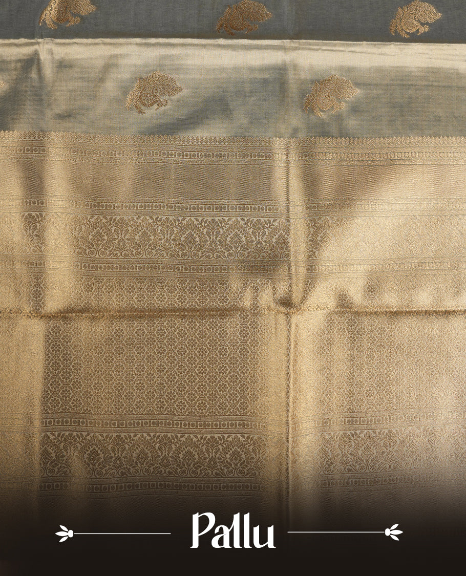 Olive & Gold double shade colour tissue banaras silk saree featuring antique gold zari motifs on the body with rich traditional zari border and pallu, paired with a matching blouse piece.