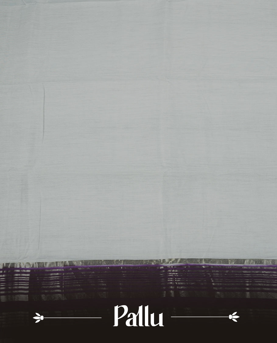 white colour mixed chanderi cotton saree with plain body, pallu featuring rose gold zari border, and matching deep purple blouse.