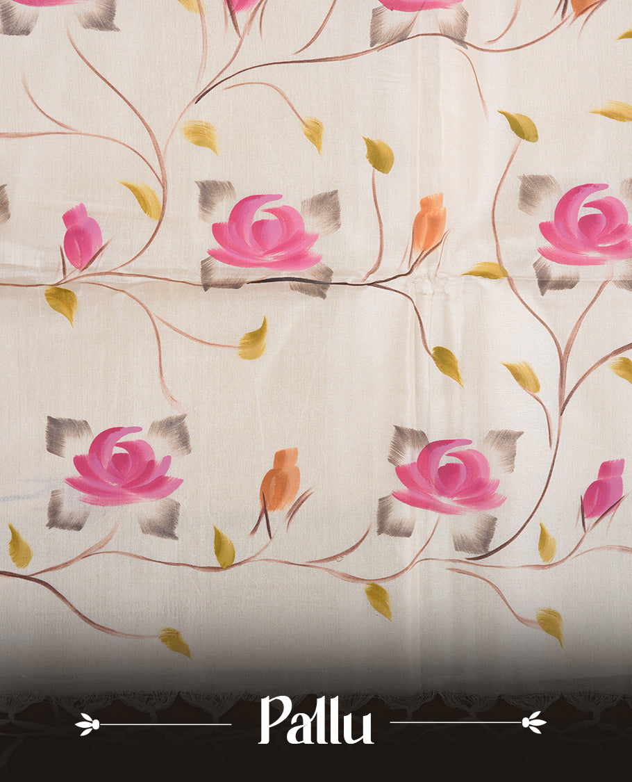 Cream colour Pure tusser silk saree featuring multicolour floral hand print designs all over body without border, pallu, paired with matching blouse piece.