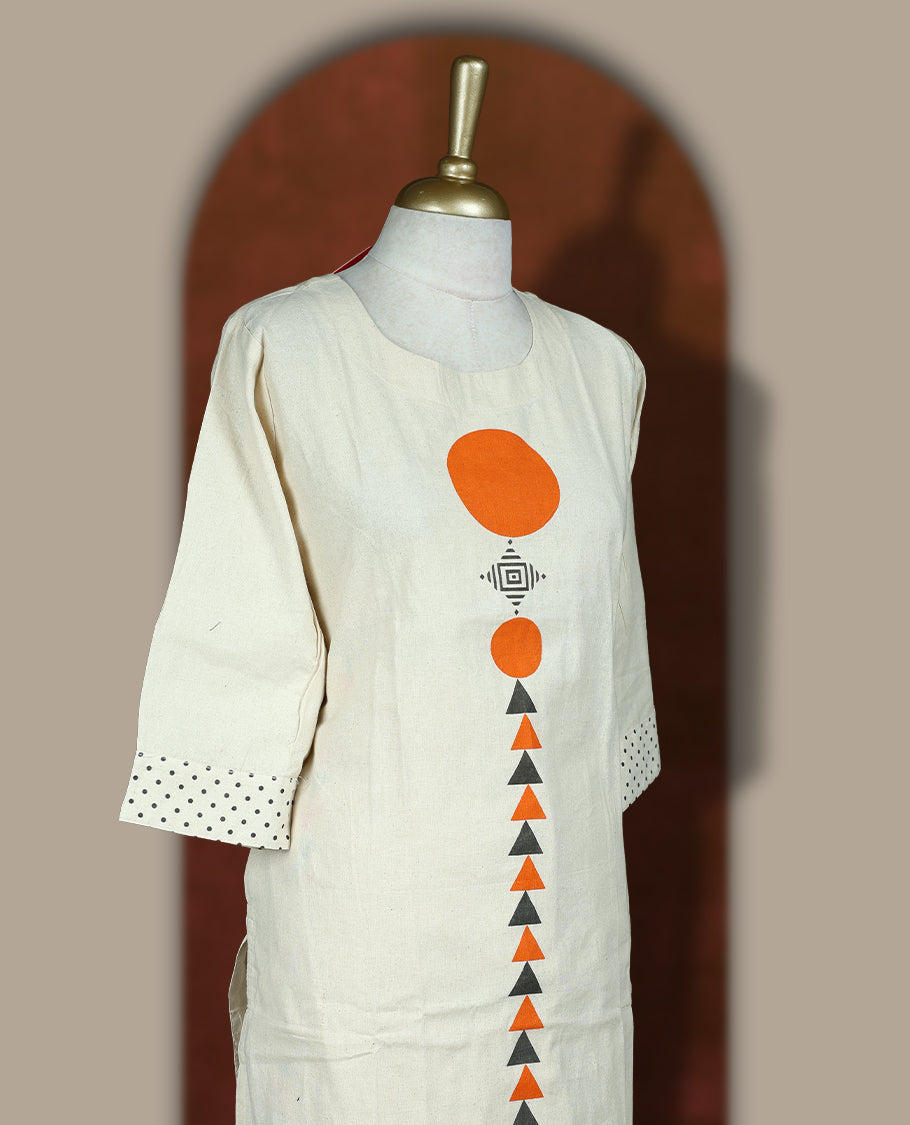 Cream colour cotton co-ord set with bold orange geometric prints and detailed sleeve work & Paired with a matching bottom.