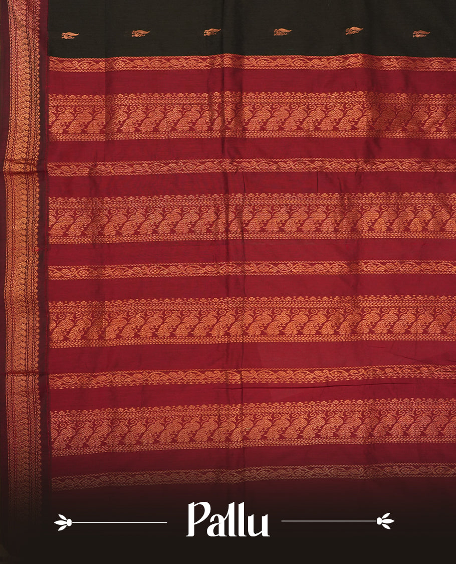 Black colour Kalyani Cotton saree with rich maroon border and pallu, featuring copper zari motifs and intricate weaving & Includes a matching blouse piece.