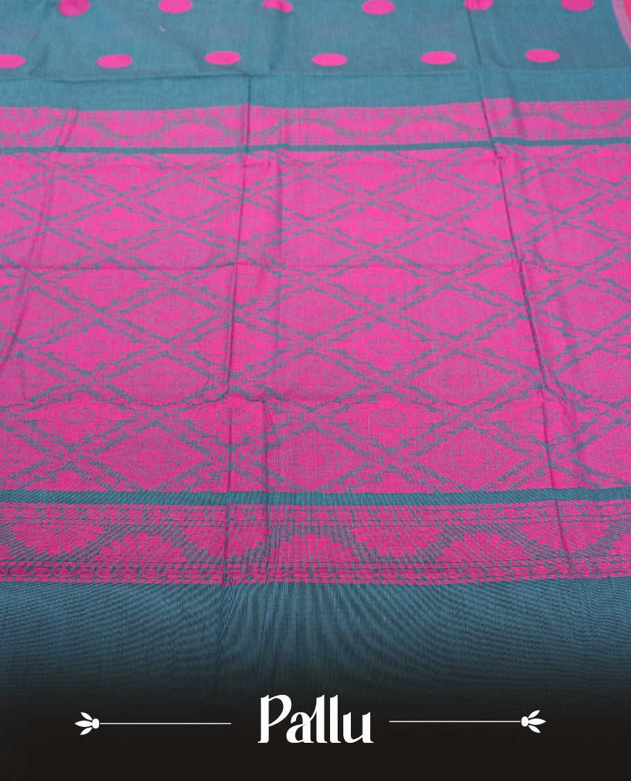 Teal Colour Silk Cotton Saree with Pink Dot Motifs Body, Accented by Pink Zari Border with Geometric Diamond Pattern Pallu, Paired with Matching Blouse Piece
