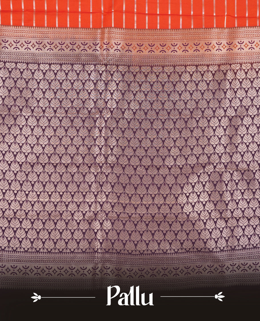 Red Orange Colour Semi Silk Saree with brown silver Striped Body, Contrasting Purple Zari Pallu & Border, Traditional Motifs, and Matching Blouse Piece.