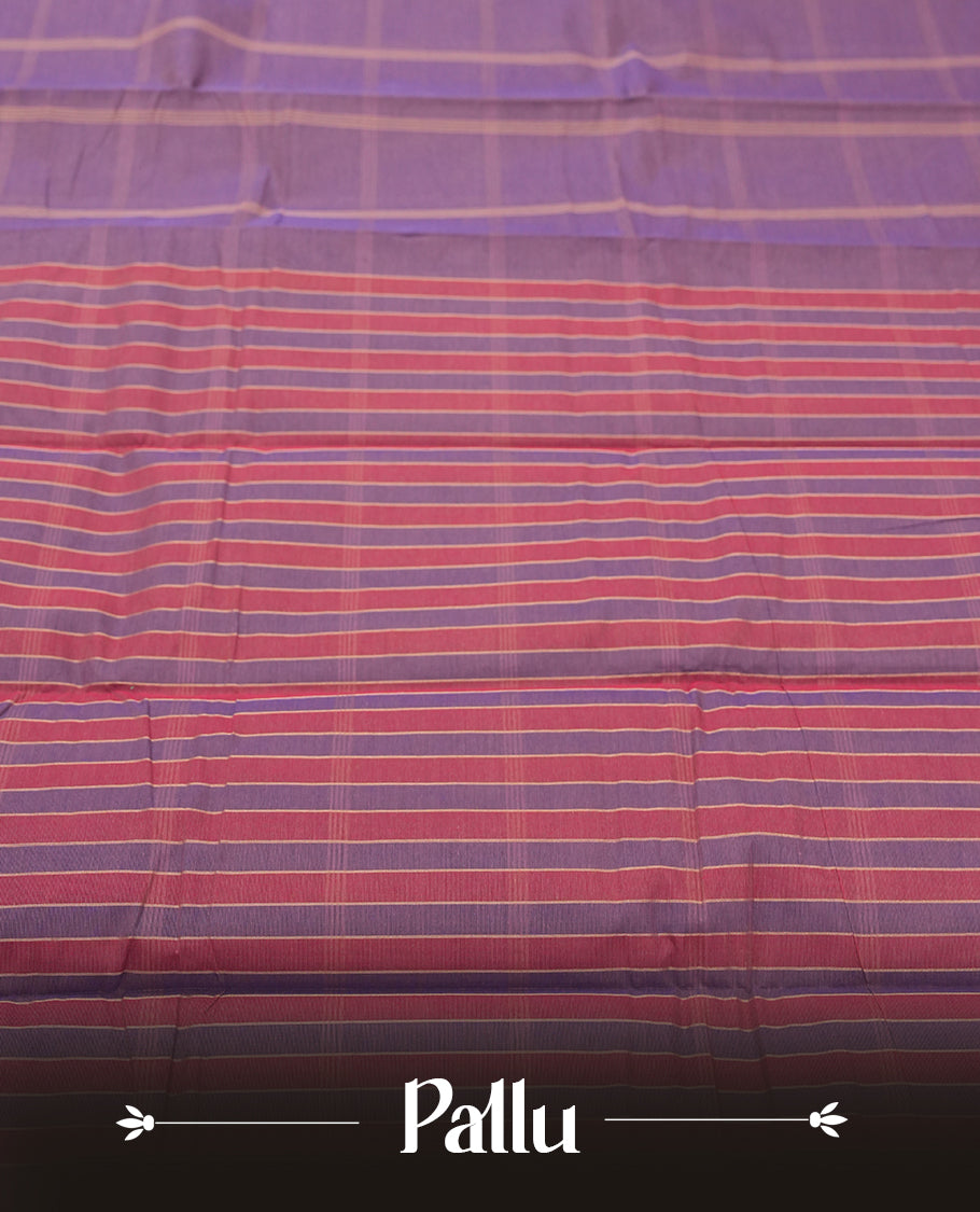 Lavender Purple Colour Silk Cotton Saree with Golden Striped Body, Contrasting Pink and Purple Striped Pallu & Border, Multi-Line Patterns, and Matching Woven Blouse Piece