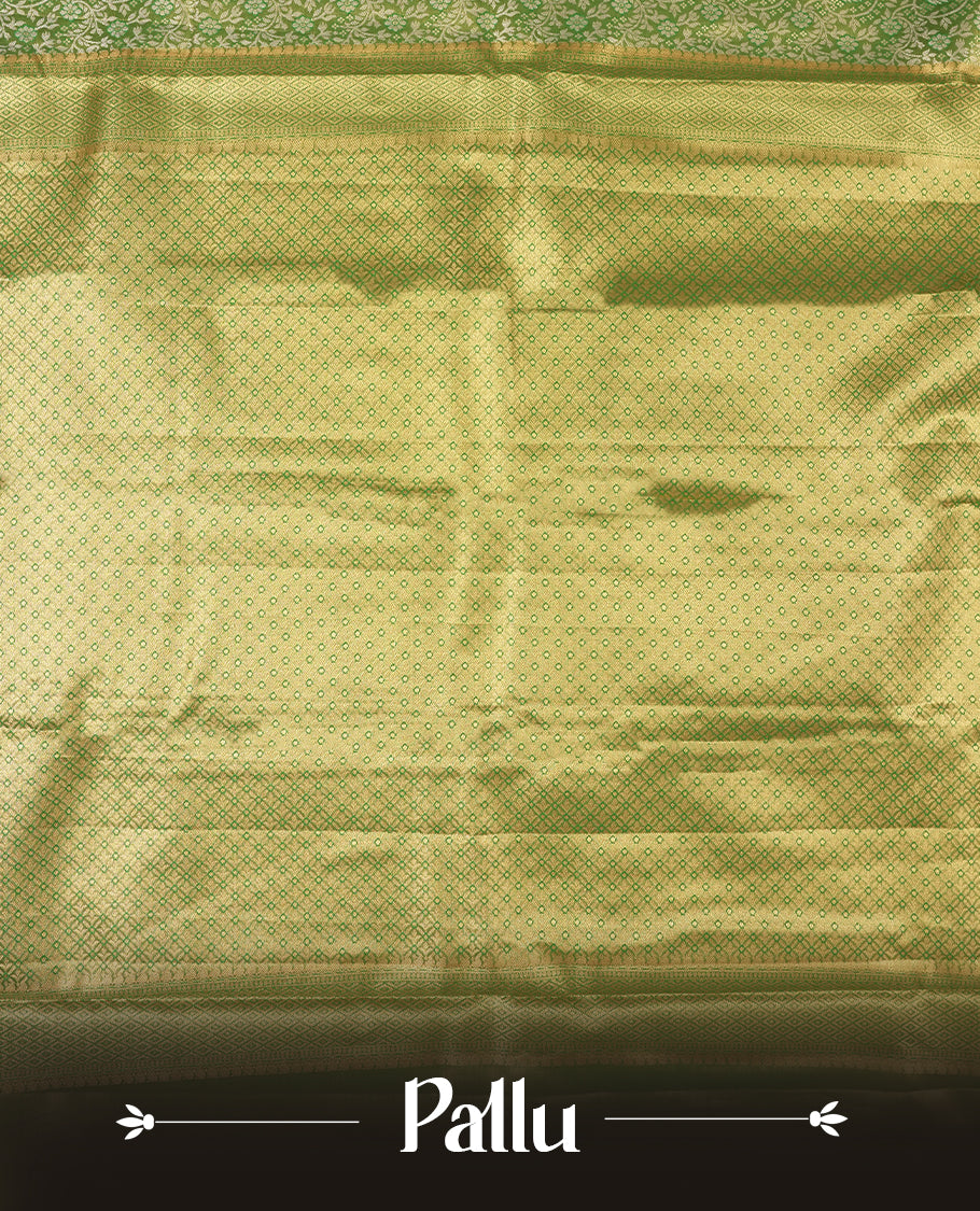 Light green colour and silver Zari Tissue Brocade Saree features intricate Dimond floral Motifs on body and dark green colour contrast with traditional border & pallu, paired with matching blouse