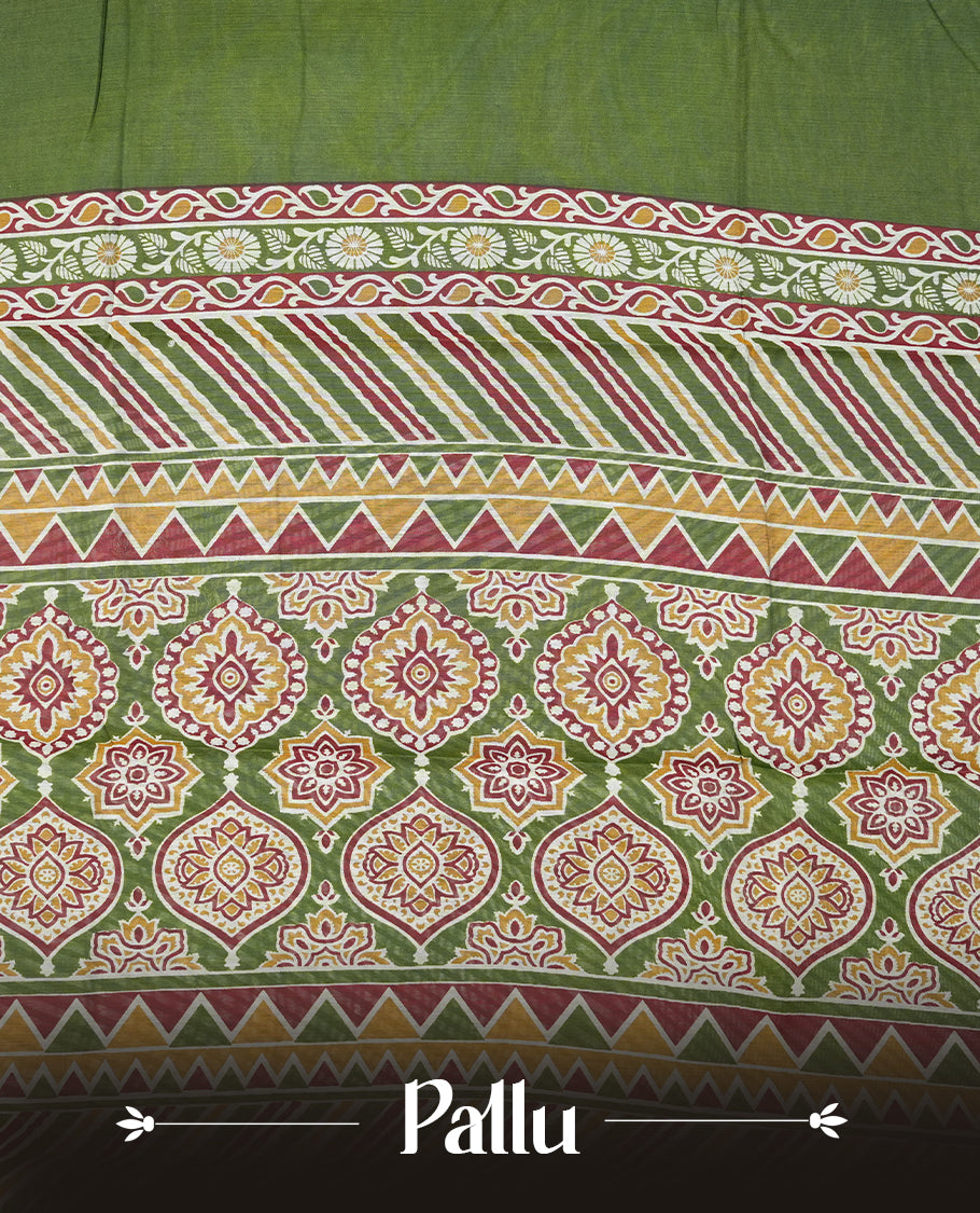 Olive green colour chanderi cotton saree featuring plain body, multicoloured printed geometric border with diagonal stripes, zigzag and floral motifs, golden zari border, and matching striped blouse.