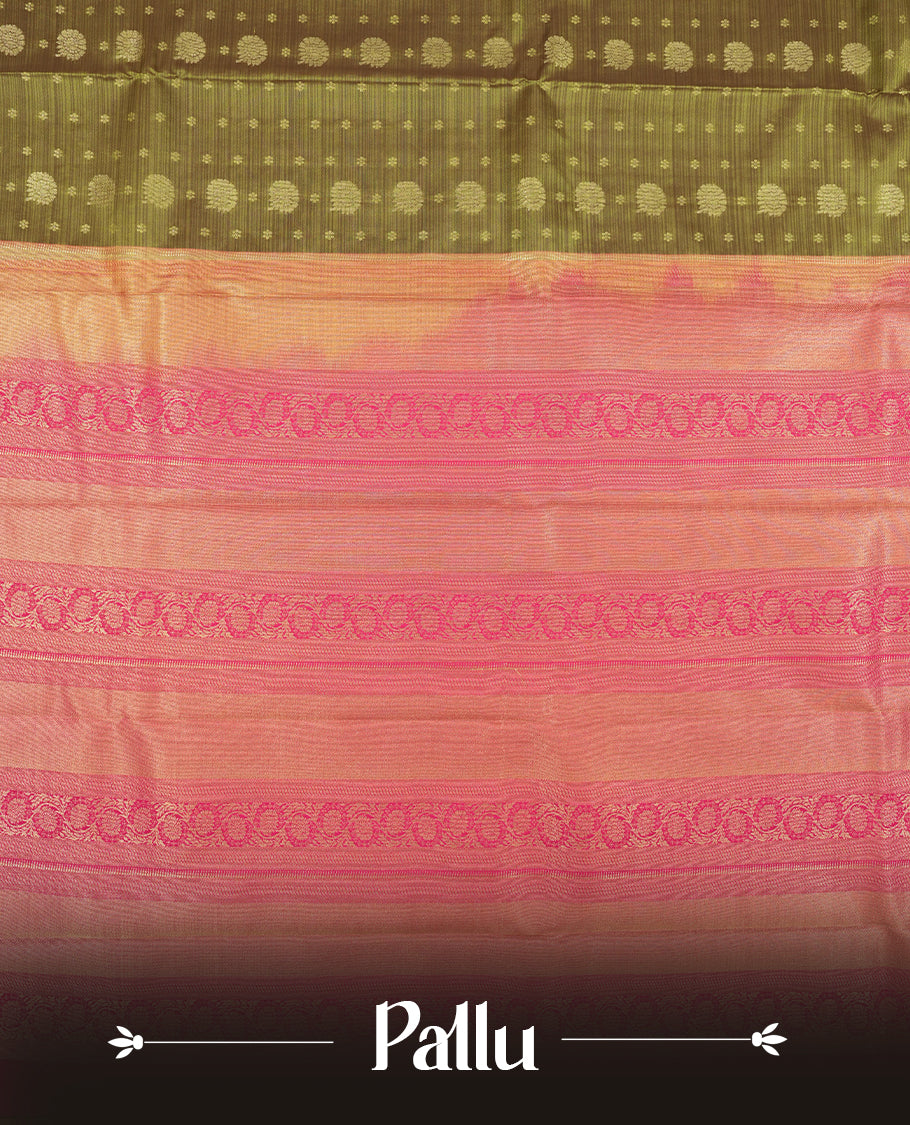 Antique Bronze colour semi soft silk saree featuring a gold colour textured patterned body, complemented by contrast magenta with golden motifes on pallu & border and a matching blouse piece.