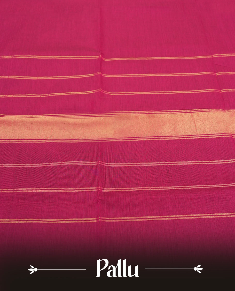 Magenta Chettinad cotton saree featuring a traditional gold zari maroon colour border with intricate temple motifs, soft texture, and elegant finish & Comes with a matching blouse for a classic ethnic look.
