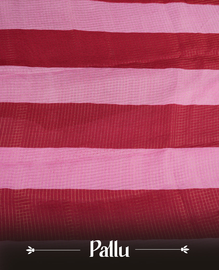 Red colour saree featuring fine check patterns on the body, paired with contrast pink colour zari woven border and pallu. Comes with a matching blouse piece