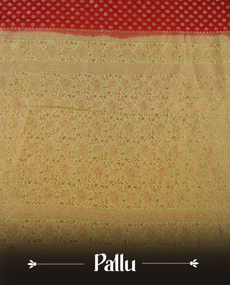 Maroon colour pure Banarasi Crepe saree featuring Antique zari Flower Motifs all over the body, complemented by an contrast Light green dye colour with gold zari Floral Kodi Worked border and pallu, with matching blouse.