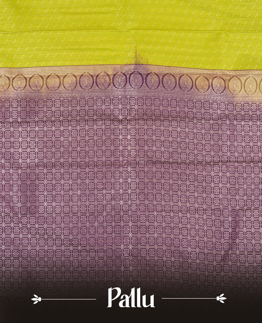 Lime Green Colour Semi Silk Saree with Silver Diagonal Butta Body, Self Coloured Silver Zari Pallu & Border, Paisley Motifs, and Matching Blouse Piece