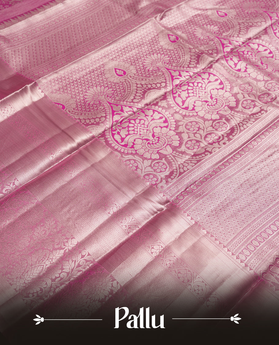 Pink colour and Antique silver Zari Tissue Brocade Saree features intricate floral Motifs on body and fancy border & pallu with floral patterns, paired with matching blouse