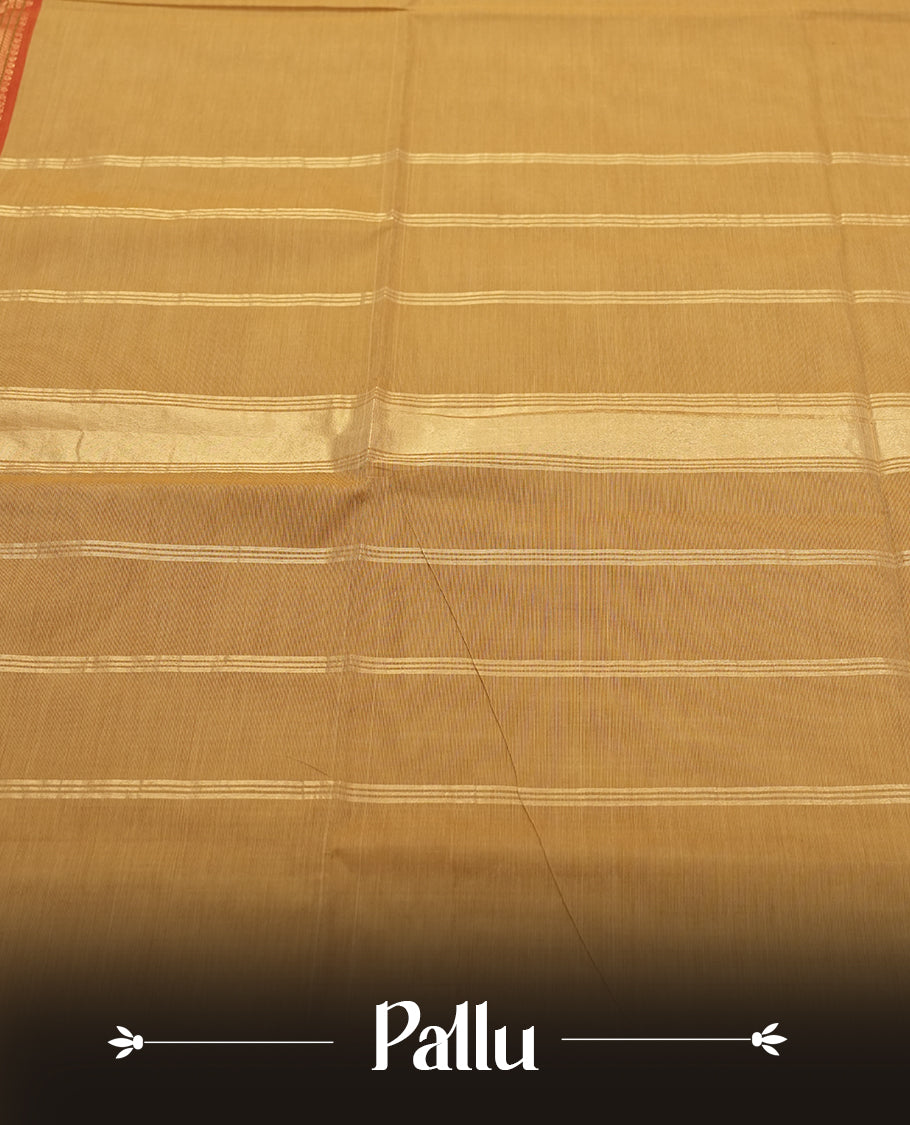 Beige Gold colour Silk Cotton Saree with Contrast Red Zari Border Featuring Elephant and Peacock Motifs, Subtle Allover Body, Richly Patterned Blouse Piece, and Matching Elegant Pallu with Gold Stripes