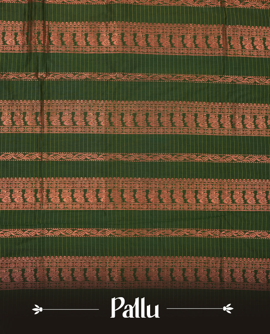 copper coloured mixed Kalyani cotton saree featuring copper zari checks on the body, complemented by a dark green coloured border and pallu adorned with copper zari patterns, Paired with a matching blouse.