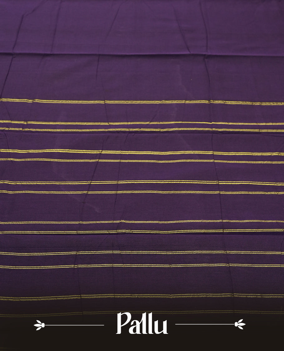 Dark Purple colour Narayanapattu cotton saree featuring a self coloured body, maroon coloured with gold zari pattern border and gold striped colour pallu, pairing a matching blouse piece.