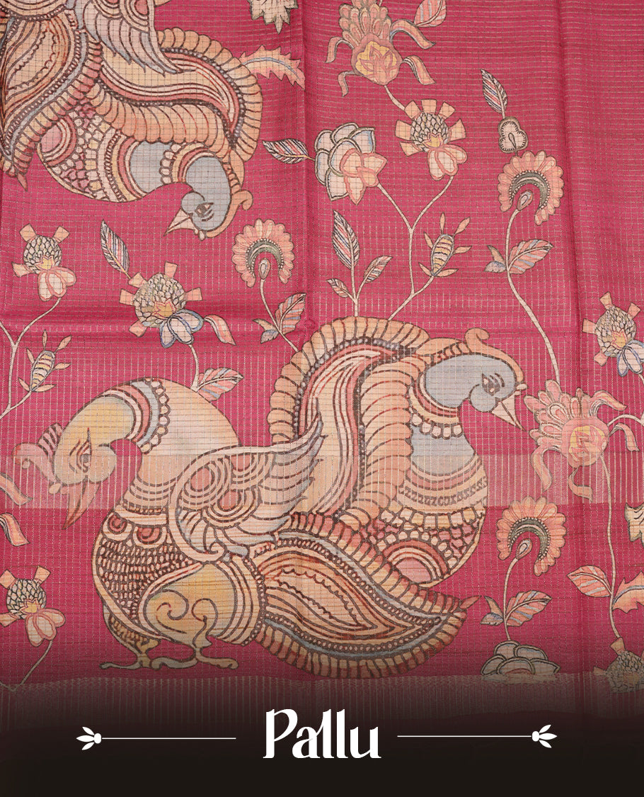 Dark Pink colour semi-tussar silk saree featuring intricate peacock motifs on the pallu, subtle zari check pattern across the body, floral vine prints throughout, finished with tassels and paired with a matching printed blouse piece.