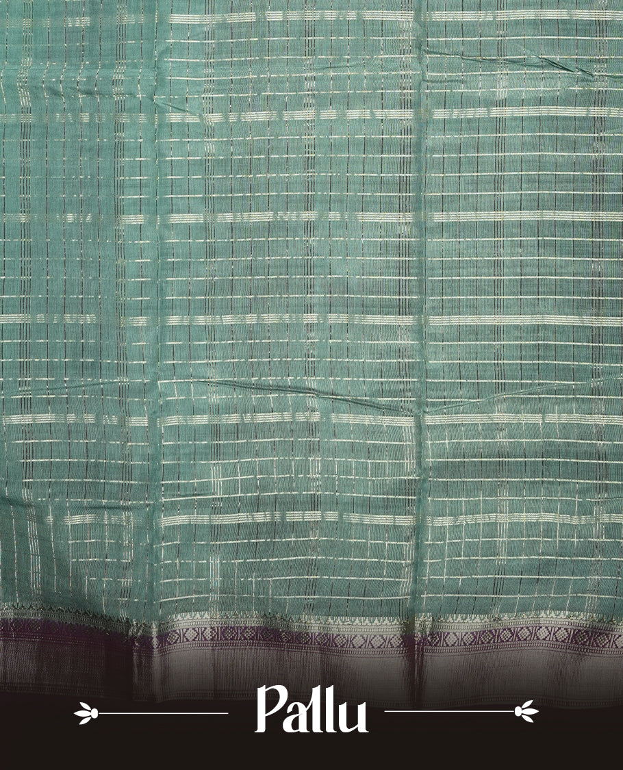 Teal green colour mixed chanderi cotton saree featuring gold checkered body, purple pallu with rose gold zari border, and matching blouse.