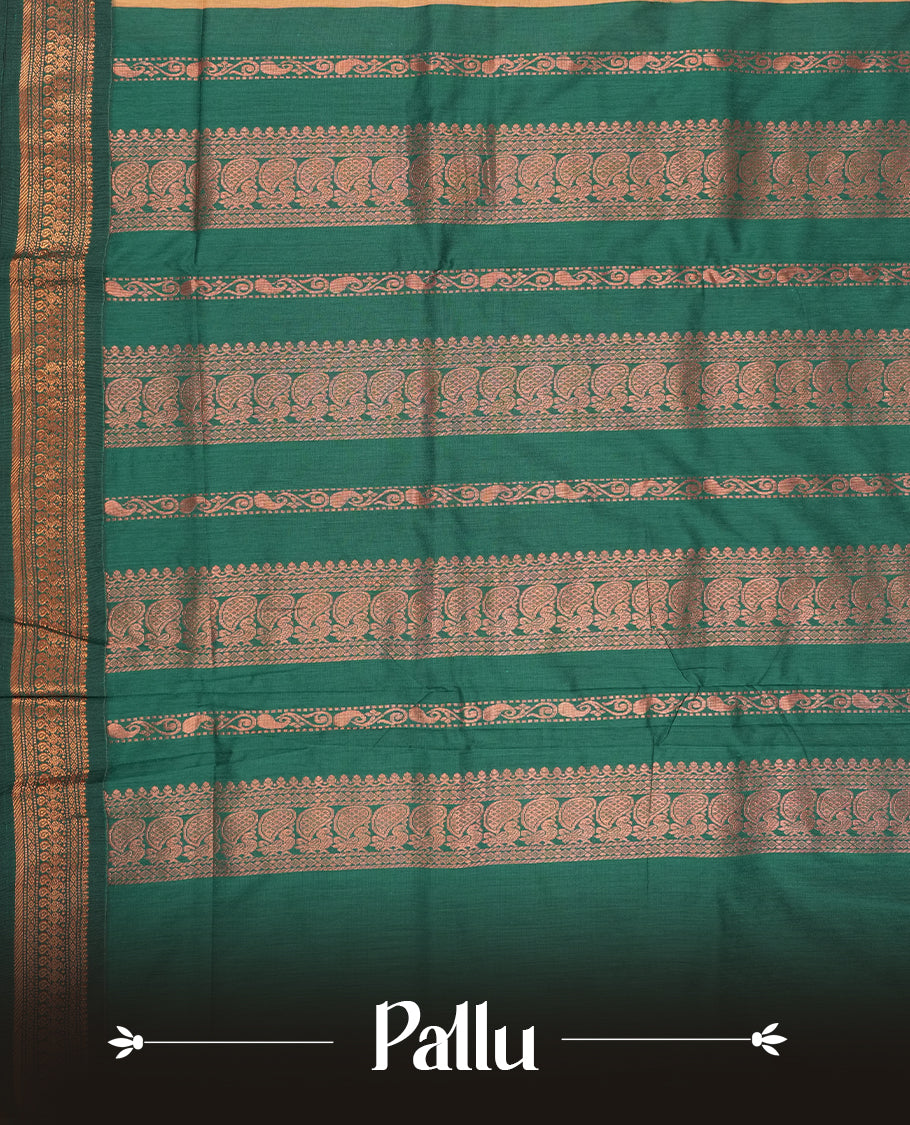 Bronze Orange colour Kalyani cotton saree with intricate small motifs all over, paired with a contrasting dark green rich zari woven border and pallu & Comes with a matching blouse piece