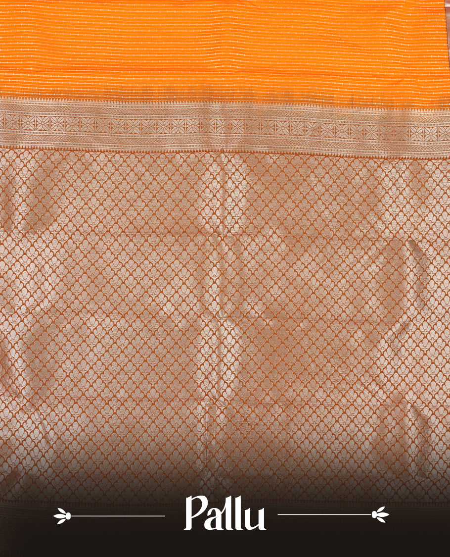 Saffron Orange Colour Semi Silk Saree with Golden Striped Body, Copper Zari Allover Heart Motif Pallu & Border, Textured Finish, and Matching Blouse Piece