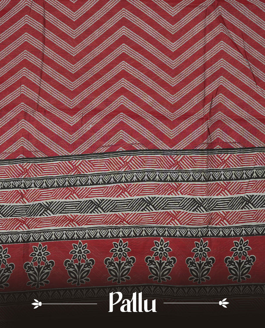 brick red colour mixed chanderi cotton saree with zigzag body pattern, printed geometric pallu with floral border, golden zari border, matching brick red blouse.