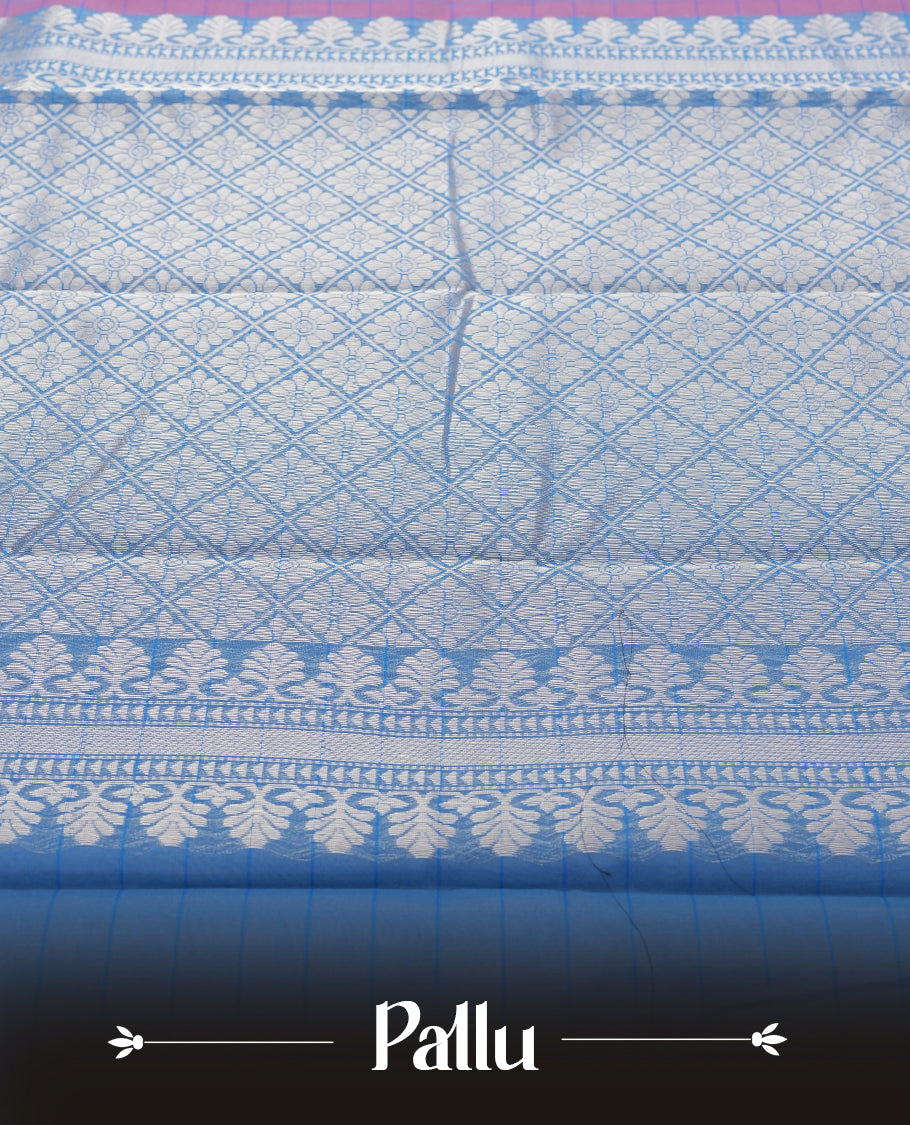 Mauve Silk Cotton Saree with Silver Butta Body, Accented by Teal and Silver Zari Geometric Border on Teal and Silver Striped Pallu, Paired with Matching Blouse Piece