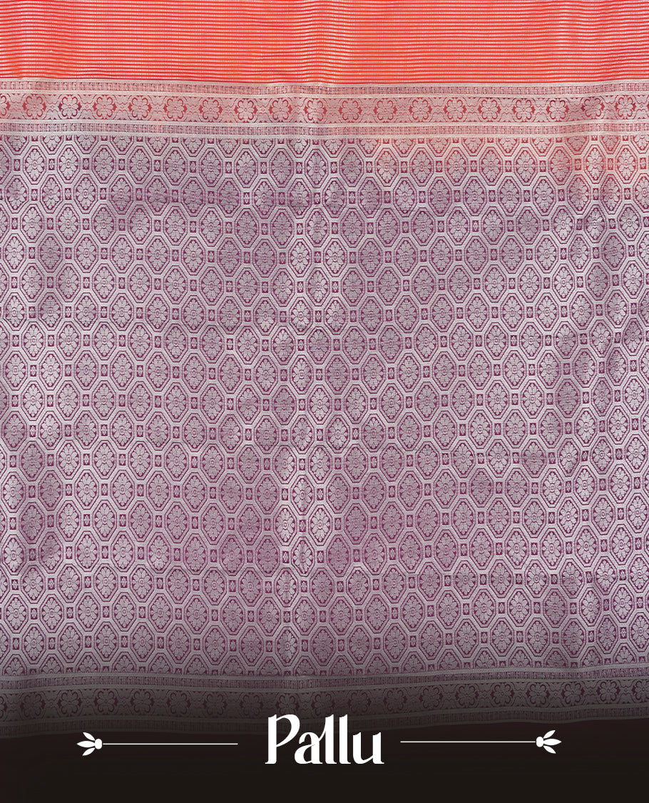 Tomato Red Colour Semi Silk Saree with Silver Striped Body, Self Coloured Silver Zari Pallu & Border, Ornate Scallop Motifs, and Matching Blouse Piece