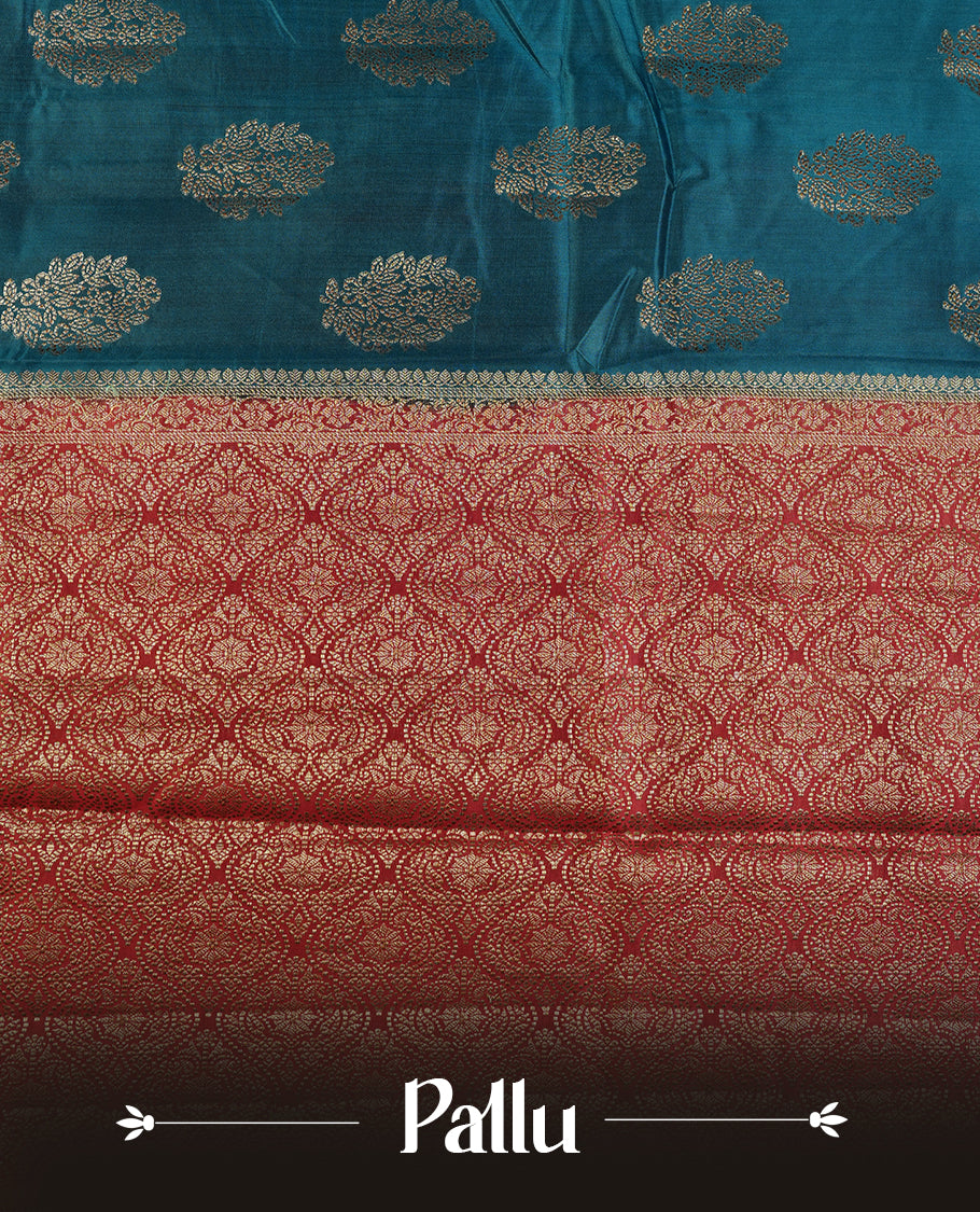 Blue colour Pure tussar Banarasi saree featuring Gold zari motifs on body, by contrast deep red colour gold zari border border, and a matching blouse piece.