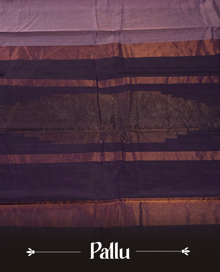 Lavender colour silk cotton saree featuring with full of delicate vertical copper zari lines on the body, Crafted without a border for a classy touch, Comes with a matching blouse for a perfectly coordinated look.